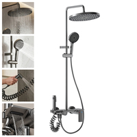 Ensemble de robinetterie de douche et de bain gris anthracite avec système de douche pluie, douchette bidet et étagère de salle de bain 3 voies