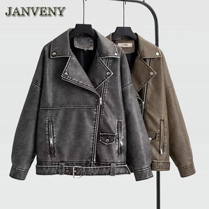 JANVENY 2024 nouveau printemps automne Faux <span class=keywords><strong>cuir</strong></span> veste ample femmes revers col à manches longues Locomotive Pu <span class=keywords><strong>Imitation</strong></span> <span class=keywords><strong>cuir</strong></span> <span class=keywords><strong>manteau</strong></span> - Product Image 1