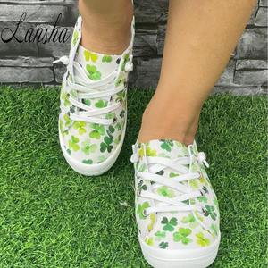 Vente en gros d'usine d'oeuf de pâques et de trèfle vert imprimé chaussures de marche confortables semelle plate super douce pour femmes chaussures en toile à lacets - Product Image 4