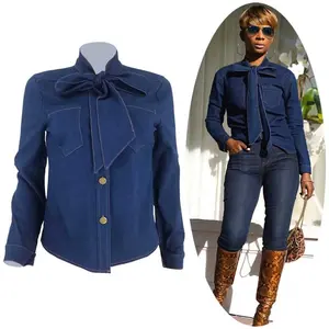 Womens Bow Tie Neck Denim Shirts Work Tops Office Blouse Long Sleeve Jeans Shirt