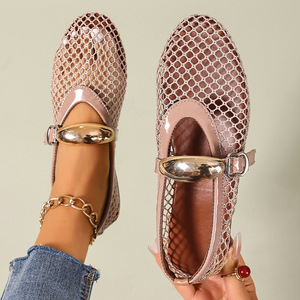 Women's Summer Flat Ballet Shoes with Fish Mesh Design <b>Slip</b>-On Closure Fashionable Buckle Soft Doll Feature Rubber Insole - Product Image 3