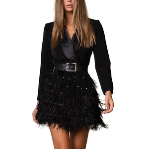 TWOTWINSTYLE Nuovo Abito Elegante <span class=keywords><strong>con</strong></span> Sensazione di Alta Classe, Vestito da Festa Nero <span class=keywords><strong>con</strong></span> Frange di <span class=keywords><strong>Piume</strong></span>, <span class=keywords><strong>Gonna</strong></span> Corta - Product Image 1