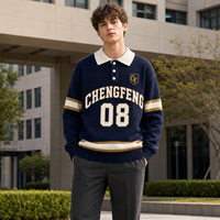 Pull en tricot unisexe rétro style universitaire bleu marine à rayures avec numéro 08, col polo, manches longues, logo personnalisé OEM