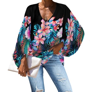 Vert Floral Femmes <span class=keywords><strong>Tunique</strong></span> Tops Casual Manches Longues Plage Blouse Loose Fit Hawaiian Blouses et Chemises pour Femmes Impression Personnalisée - Product Image 5