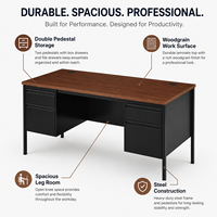 Bureau métallique commercial avec double meuble de rangement à roulettes, structure en acier et plateau imitation bois pour mobilier de bureau, scolaire et gouvernemental