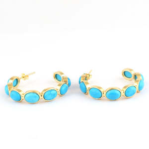 Pendientes de aro bohemios con piedra azul turquesa, latón macizo chapado en oro de 18k, con piedras ovaladas múltiples y aros semicirculares para mujer. - Product Image 1
