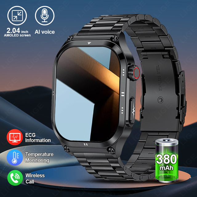 Lige BWET281 ET281 Outdoor ECG Daily Smart Watch 2.04-inch AMOLED Touch Screen Wireless Voice Call Weather Music Control Watches