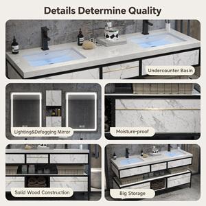 Meuble <span class=keywords><strong>de</strong></span> salle <span class=keywords><strong>de</strong></span> bain <span class=keywords><strong>de</strong></span> style moderne et luxueux avec double vasque, armoire en <span class=keywords><strong>bois</strong></span> massif et miroir intelligent avec rangement - Product Image 5