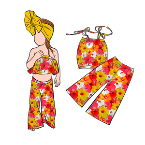 Ensemble haut épaules dénudées et pantalon cloche B10 pour filles, motifs imprimés personnalisés, vêtements pour bébés en coton, style européen-américain - Product Image 4