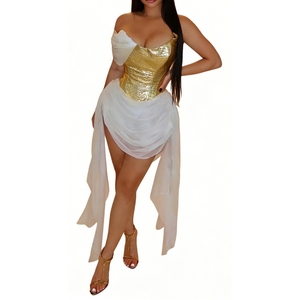 Robe de soirée asymétrique pour femme avec corsage métallique et superposition en mousseline drapée – Tendance Mode - Product Image 2