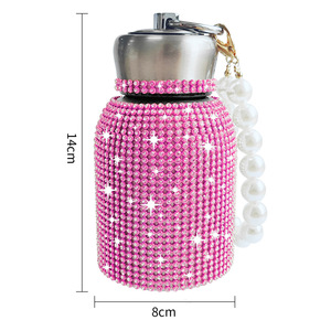 Mini Full Rhinestone Chubby Stainless Steel Vacuum <b>Flask</b> 10oz 300ml Pocket Thermal <b>Bottle</b> Pearl Chain Dual Decor Wholesale - Product Image 3