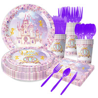 Vaisselle de fête d'anniversaire sur le thème du château violet, neuve, assiettes, gobelets, bannière, parfaites décorations d'anniversaire pour filles