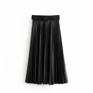 تنورة جلدية مخصصة للسيدات تصميم أسود للنساء جلد صناعي جلد صناعي تنورة مطوي مع حزام