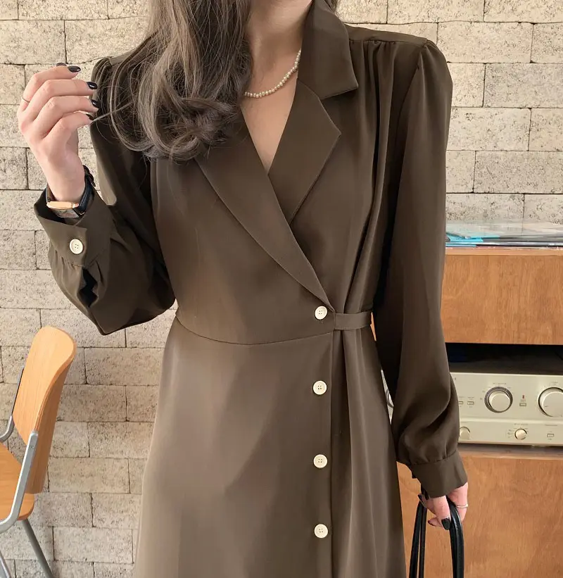 Droma 2022 new design high quality French style lace up waist slim single button long sleeves suit dress for women