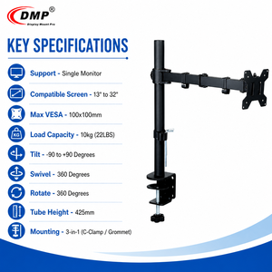 DMP New 32 Inch <strong>Monitor</strong> Desk Mount-Heavy Duty Fully Adjustable <strong>Single</strong> LCD <strong>Monitor</strong> <strong>Arm</strong> - Product Image 3