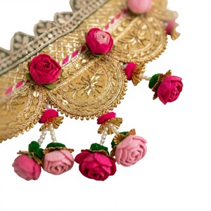 Traditional Ethnic Door Hanging Toran Bandhanwar with Golden Scalloped Lace Pink Floral Buds & Hanging Flower Tassels - Product Image 3