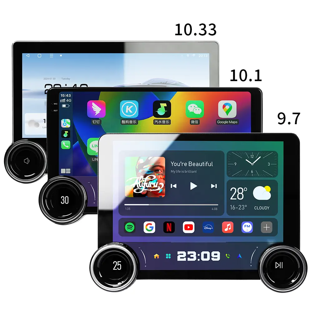 Rádio universal Android para Carro com tela sensível ao toque de 10,33'' para DVD Player Carro Duplo Din Carplay 2K Android com botão duplo
