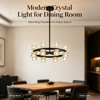 Lustre de luxe en cristal à 16 lumières, design roue de chariot noire, hauteur réglable, plafonnier LED avec abat-jour en cristal transparent