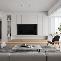 Meuble TV mural sur mesure pour salon avec armoires dissimulées et banc de rangement en bois naturel pour intérieurs de maison contemporains