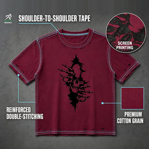 Camiseta Premium para <span class=keywords><strong>Hombre</strong></span>, 280 g/m², 100% Algodón, Color Borgoña, Corte Holgado, Estampado Gráfico de Esqueleto, Bordes Deshilachados, Ecológica - Product Image 2