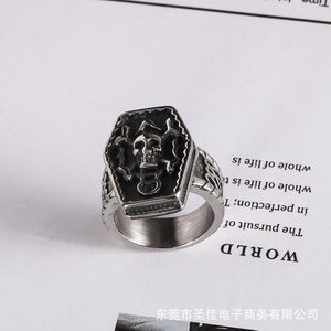 แหวนเหล็กไทเทเนียมลายหัวกะโหลกโจรสลัดสำหรับผู้ชาย เครื่องประดับฮาโลวีน แหวนแฟชั่นฮิปฮอปทันสมัยพร้อมดีไซน์โครงกระดูก - Product Image 4