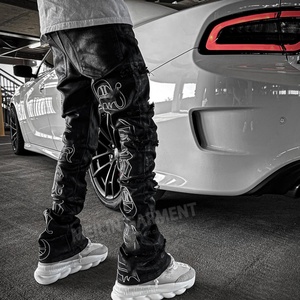 Custom Streetwear Fashion Applique logo High Waist Pu Flare Sweat <b>Trousers</b> <b>Faux</b> <b>Leather</b> Stacked Pants for <b>Men</b> - Product Image 6