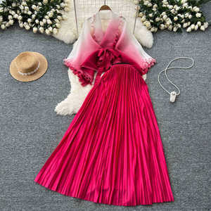 Ensemble 2 pièces tendance pour femme : Cardigan à taille nouée dégradé de couleurs et jupe mi-longue plissée taille haute - Product Image 4