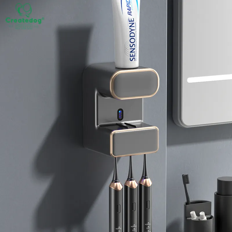 Dispenser pasta gigi otomatis dinding kamar mandi, Dispenser pasta gigi disinfeksi dengan 3 Slot sikat gigi, Dispenser pasta gigi otomatis dengan Sensor UNTUK KELUARGA