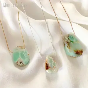 NM36598 Natural Gemstone Chrysoprase Free Form Pendant Gold Or Silver Plated Chain Necklace Simple Design Boho Chic Jewelry