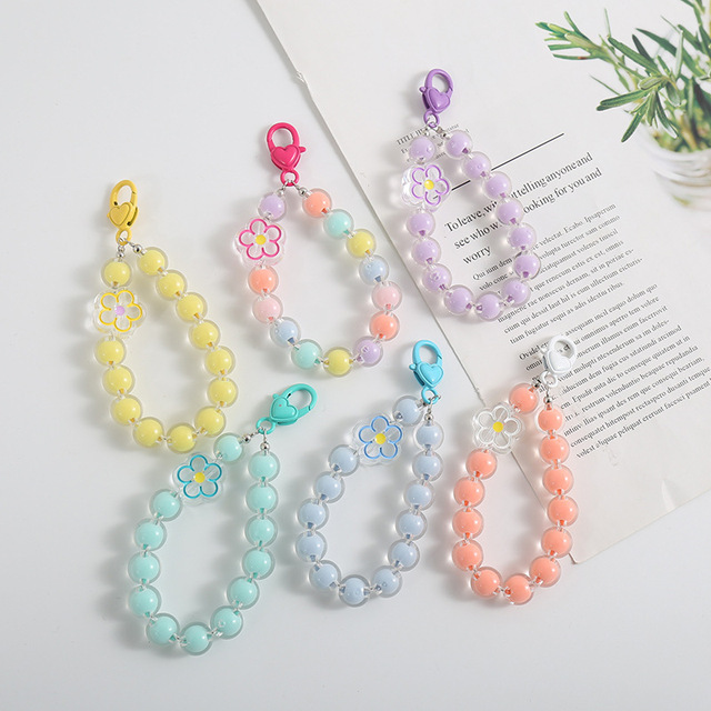 Wholesale Phone Lanyard Phone Charms Wrist Straps Crystal Bead Bracelet Key Chain Flower Mobile Phone Chain Trendy Girl Keychain