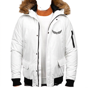 Men's <b>White</b> Hooded <b>Jacket</b> With Fur Collar Embroidered Logo Zipper Casual Winter Wear - Product Image 1