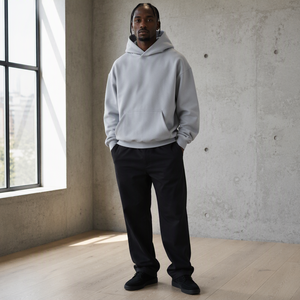 Sweat-shirt à capuche unisexe en coton épais gris clair surdimensionné avec poche avant pour l'hiver - Product Image 2