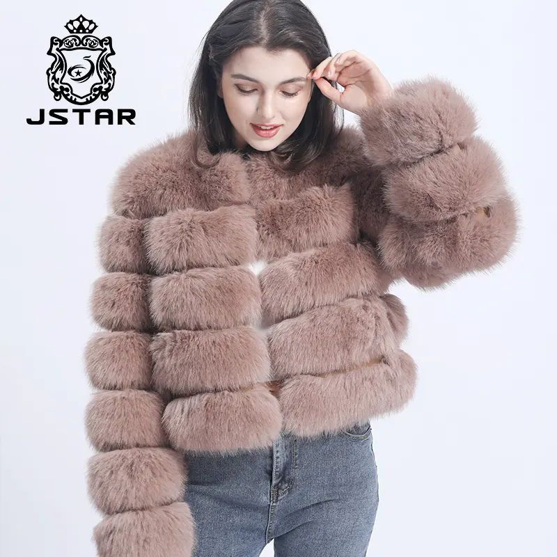 Jstar popular luxurious Wholesale Women 5 rows hook closed Fake fox Fur Coat Faux Fur Jacket Winter Coat