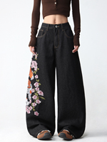 Jean baggy vintage pour femme, coupe large, noir délavé à l'acide, avec broderie 3D et motif de créateur en denim