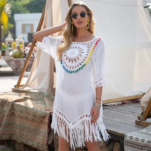 Vestido playero de Crochet para mujer, vestido playero con cuello de pico y borlas, traje de baño de manga 2021, Túnica lisa, veraniega, 3/4