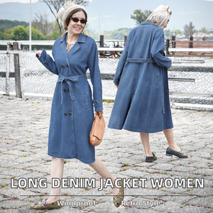 Gabardina Larga de Mezclilla para Mujer, Doble Botonadura, con Cinturón, Color Sólido, Estilo Casual para Otoño - Product Image 2