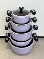 UCC LIFE Batterie de cuisine antiadhésive en aluminium moulé sous pression, style classique, ensemble de 10 pièces, double fond, poignée en silicone, couvercle en verre, compatible gaz