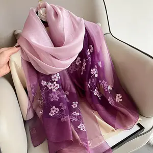 Gradient Color Silk Wool Scarf Spring Autumn Embroidered Vintage Shawl