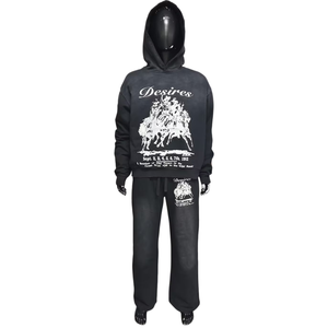 Ensemble de sweat-shirts en coton French Terry personnalisé avec strass, impression délavée, coupe ample à double taille, tenue décontractée pour homme - Product Image 1