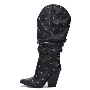 Botas Vaqueras Largas para Mujer, con Tacón de Cuña, Remaches de Diamantes, Parte Superior Plisada Informal, Estilo Vaquero - Product Image 6