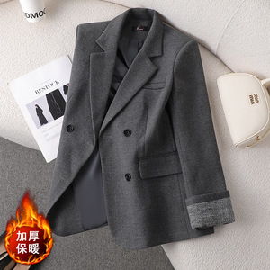 Women's Grey Blazer Thickened Woolen Cotton Padded Korean Style Casual Elegant Commuting Outerwear - Product Image 3