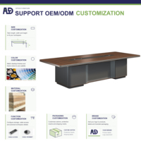 Table de réunion de bureau moderne, design carré, plateau épais, fente de gestion des câbles centrale, extrémités arrondies, placage bois