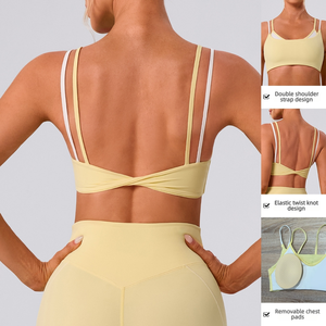 Sujetador deportivo de yoga para <span class=keywords><strong>mujer</strong></span> con bloques de color, estilo urbano, efecto dos piezas, <span class=keywords><strong>tirantes</strong></span> dobles y espalda retorcida, tipo top. - Product Image 2