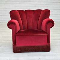 Fauteuil de relaxation vintage scandinave danois en velours rouge cerise, chaise d'appoint individuelle en bois de hêtre pour salon, en vente