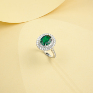 Factory Price 925 <b>Silver</b> Lab Created <b>Emerald</b> <b>Ring</b> Double Halo Paved Stone Bridal Statement <b>Ring</b> K - Product Image 2
