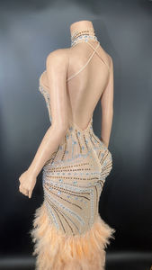 NOVANCE 트렌드 제품 2023 신상품 민소매 긴 가운 이브닝 원피스 깃털 꼬리 섹시한 높은 슬릿 오렌지 원피스 - Product Image 4