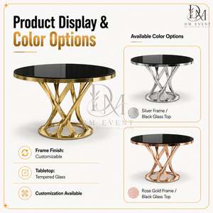 Table de réception ronde personnalisée en acier inoxydable doré avec base torsadée en croix et plateau en verre trempé miroir - Product Image 5
