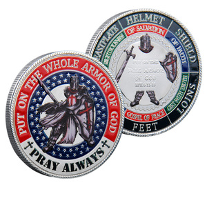 Moneta Commemorativa 3D in Metallo a Tema Armatura Divina, Oro e Argento, Motivo Cavaliere, Versetto Biblico Efeziensi PRAY - Product Image 4