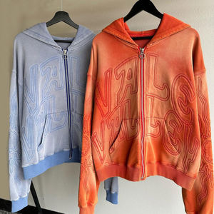 Sudadera con Capucha para Hombre, Corte Regular, Estilo Vintage, Lavado Ácido, Cierre de Cremallera, Impresión Digital, Letra Bordada, Otoño - Product Image 1