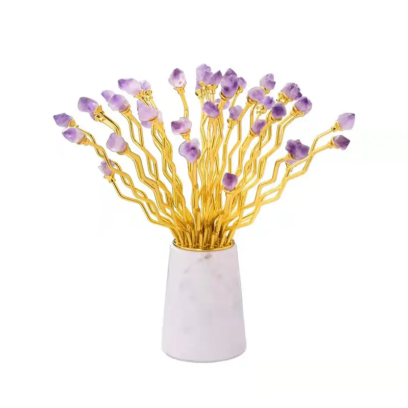 Light luxury home decoration purple crystal stone flower golden branches bloom marble base villa model room decoration